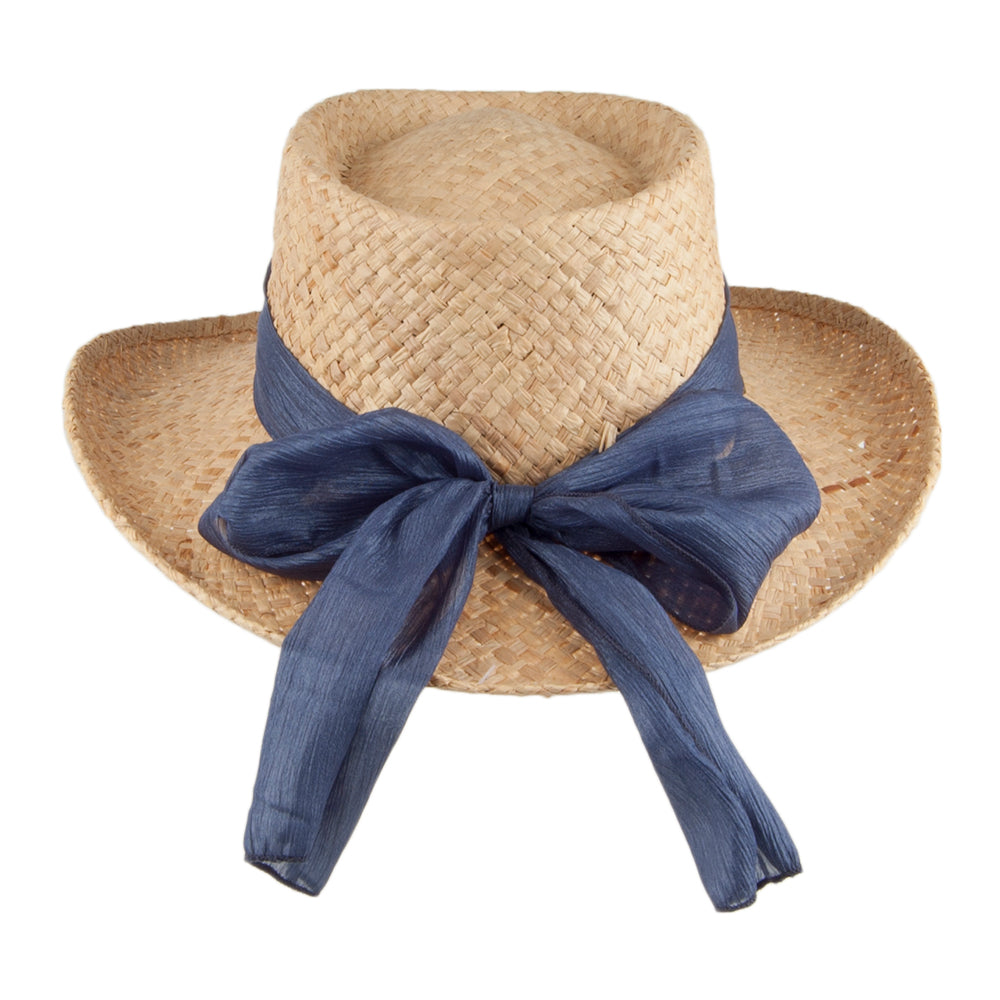 Sombrero Gambler de rafia con lazo de Scala - Natural/Azul Marino