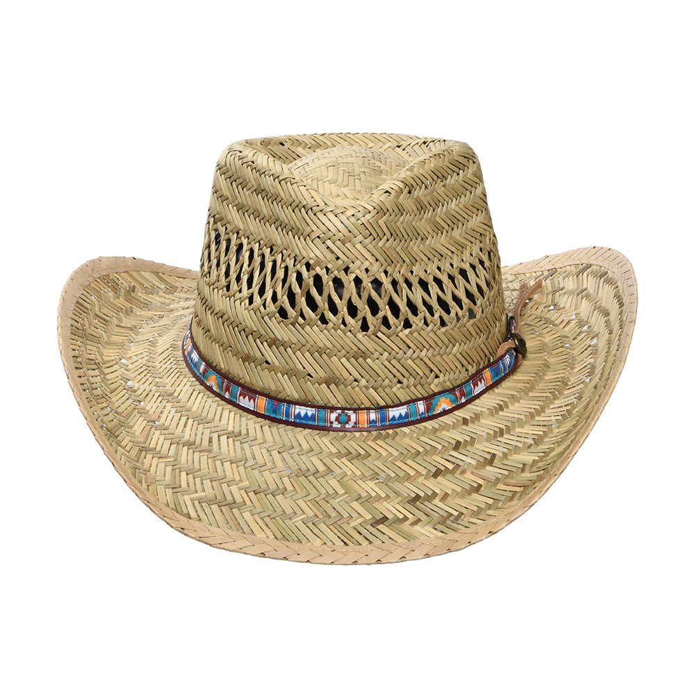 Sombrero Outback de paja de junco con cinta impresa de Dorfman Pacific - Natural Multi