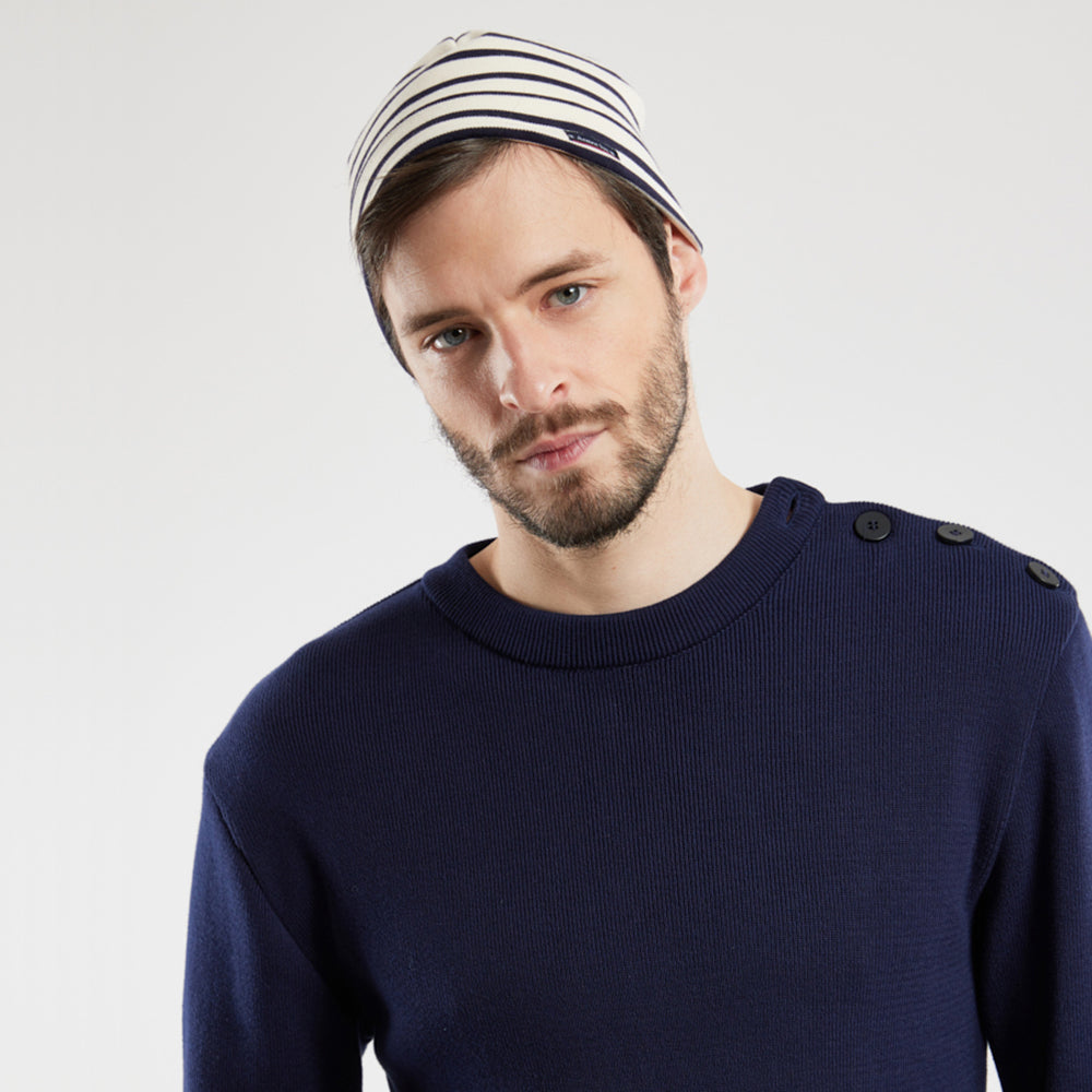 Gorro Beanie Treguier Interlock a rayas de algodón de Armor Lux - Natural-Azul Marino