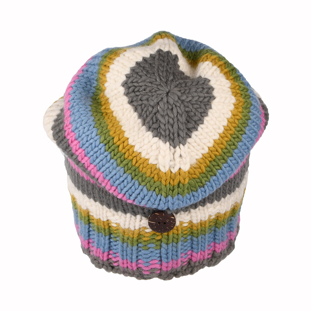 Gorro Beanie con botón y rayas de Kusan - Azul Claro-Rosa-Crema