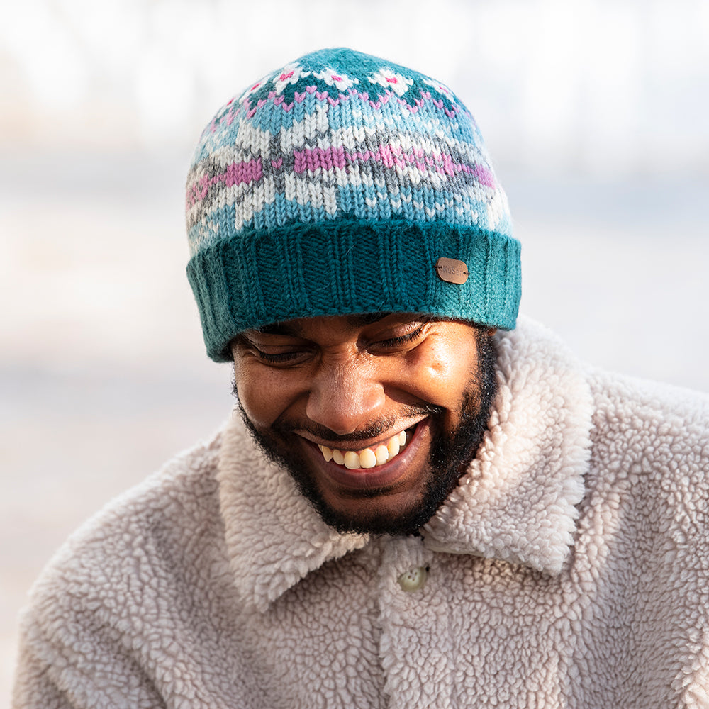 Gorro Beanie flexible copo de nieve con vuelta de Kusan - Verde Azulado-Aguamarina
