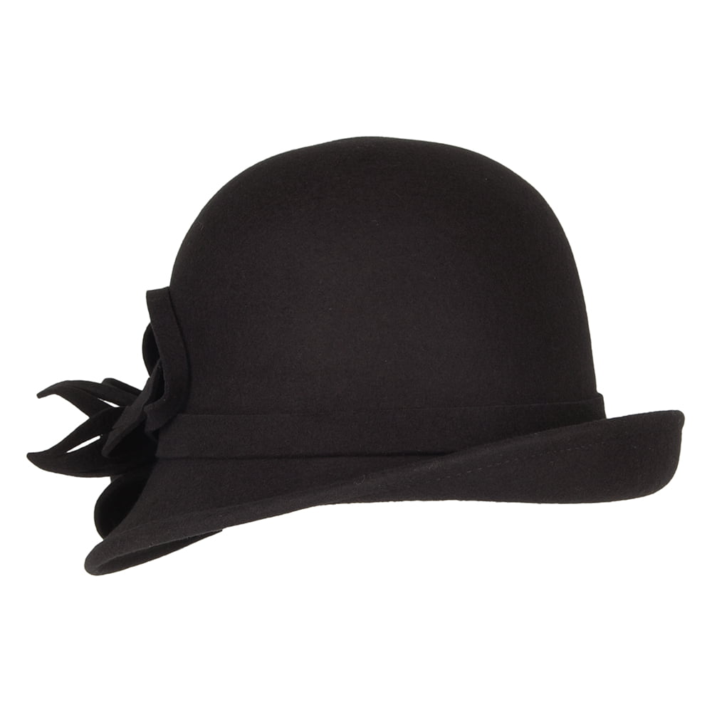 Sombrero Cloche Flor de fieltro de lana de Failsworth - Negro