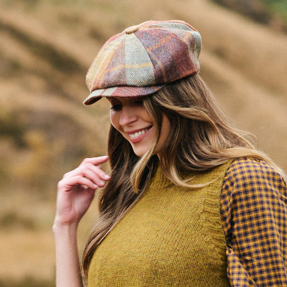 Gorra Newsboy de lana británica Tela escocesa de Failsworth - Mostaza-Marrón-Vino