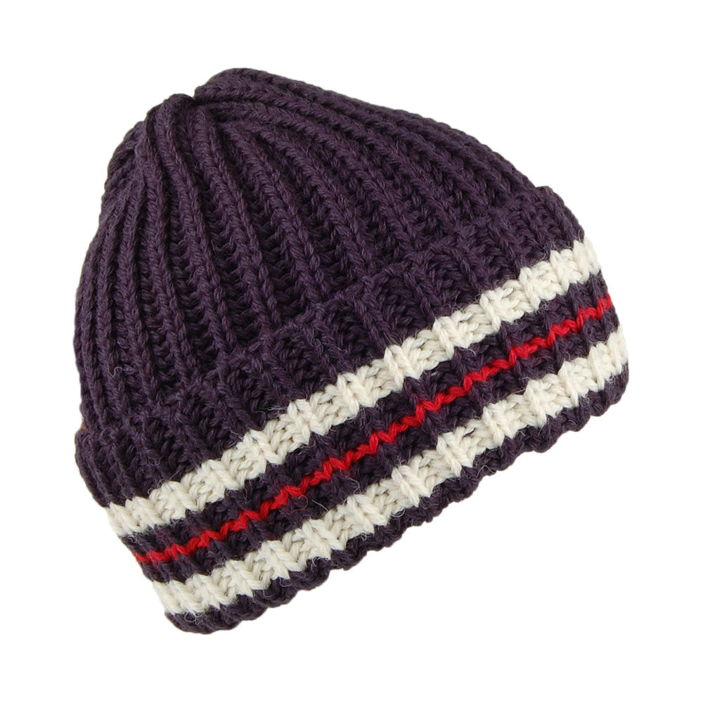 Gorro Beanie a rayas de lana inglesa de Highland 2000 - Azul Marino-Rojo