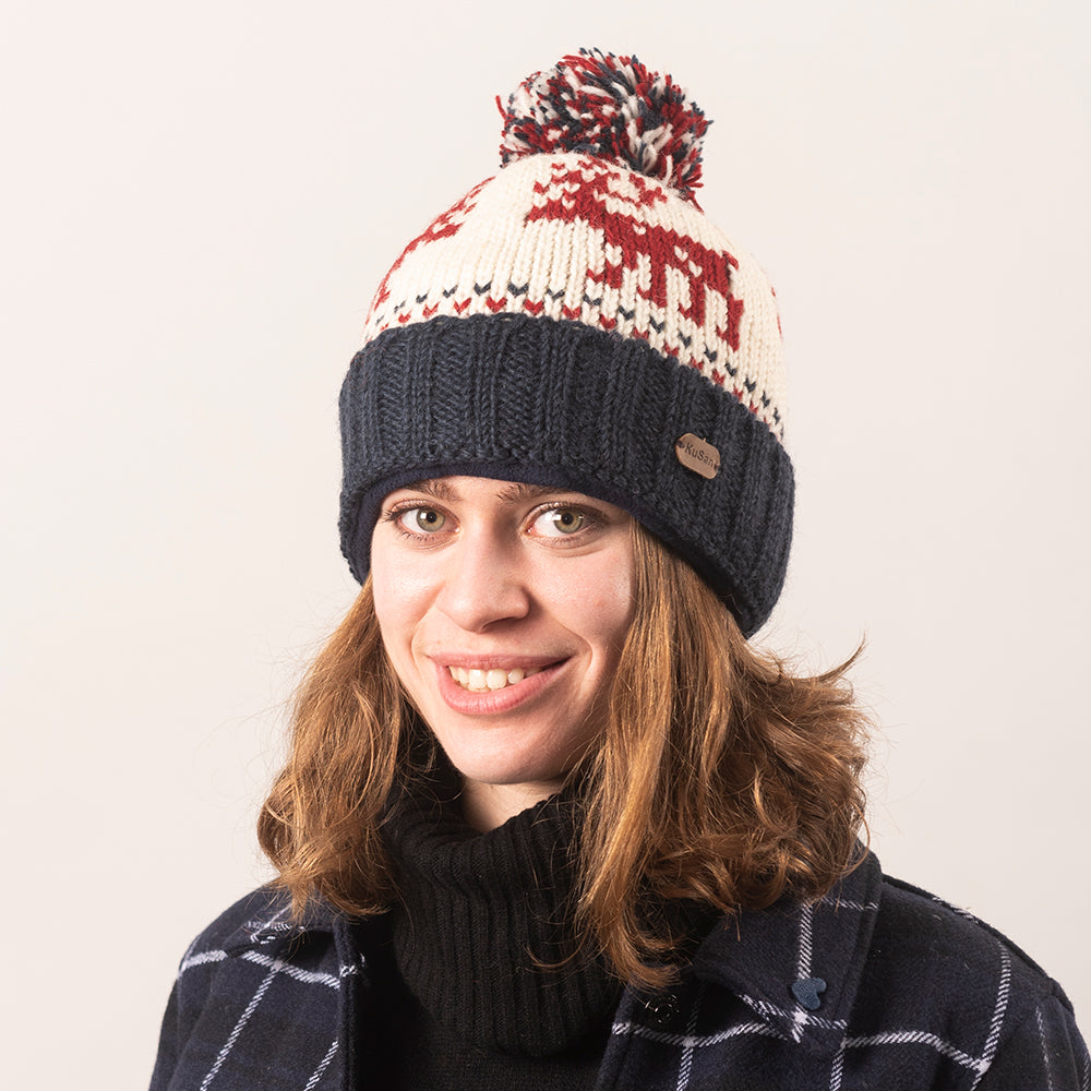 Gorro con pompón Reindeer con vuelta de Kusan - Azul Marino-Crema