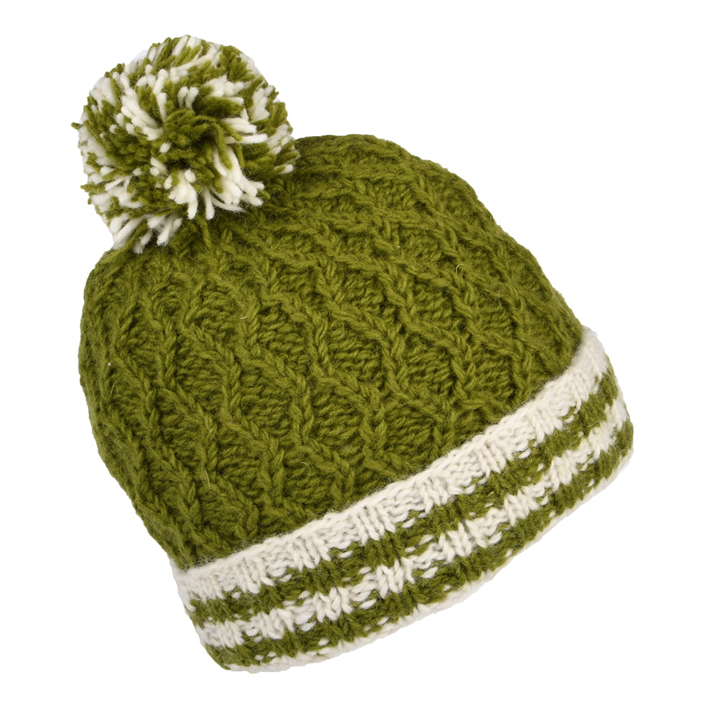 Gorro con pompón vuelta a rayas punto de diamante de Kusan - Verde Oliva