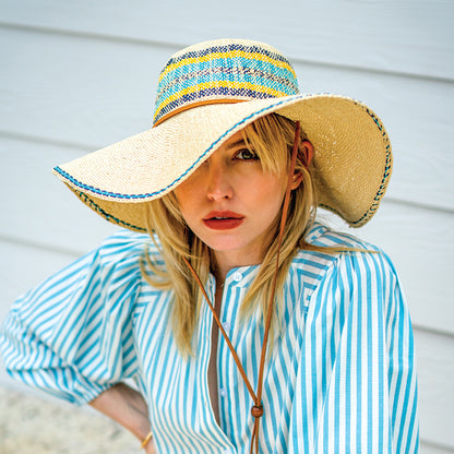 Sombrero de Sol Eloisa de ala ancha de paja toyo de Scala - Natural-Turquesa