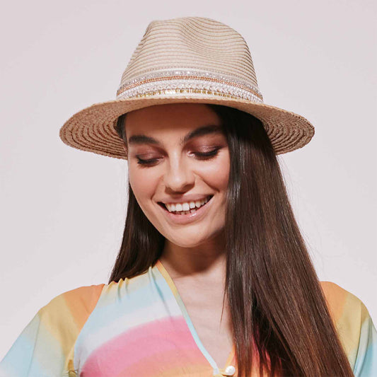 Sombrero Fedora de paja toyo con cinta de lentejuelas de Seeberger - Natural-Marrón Claro