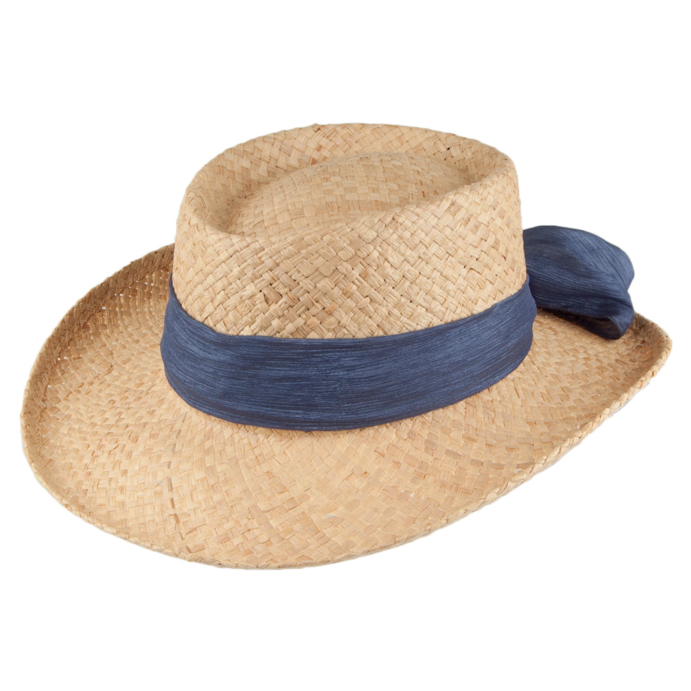 Sombrero Gambler de rafia con lazo de Scala - Natural/Azul Marino