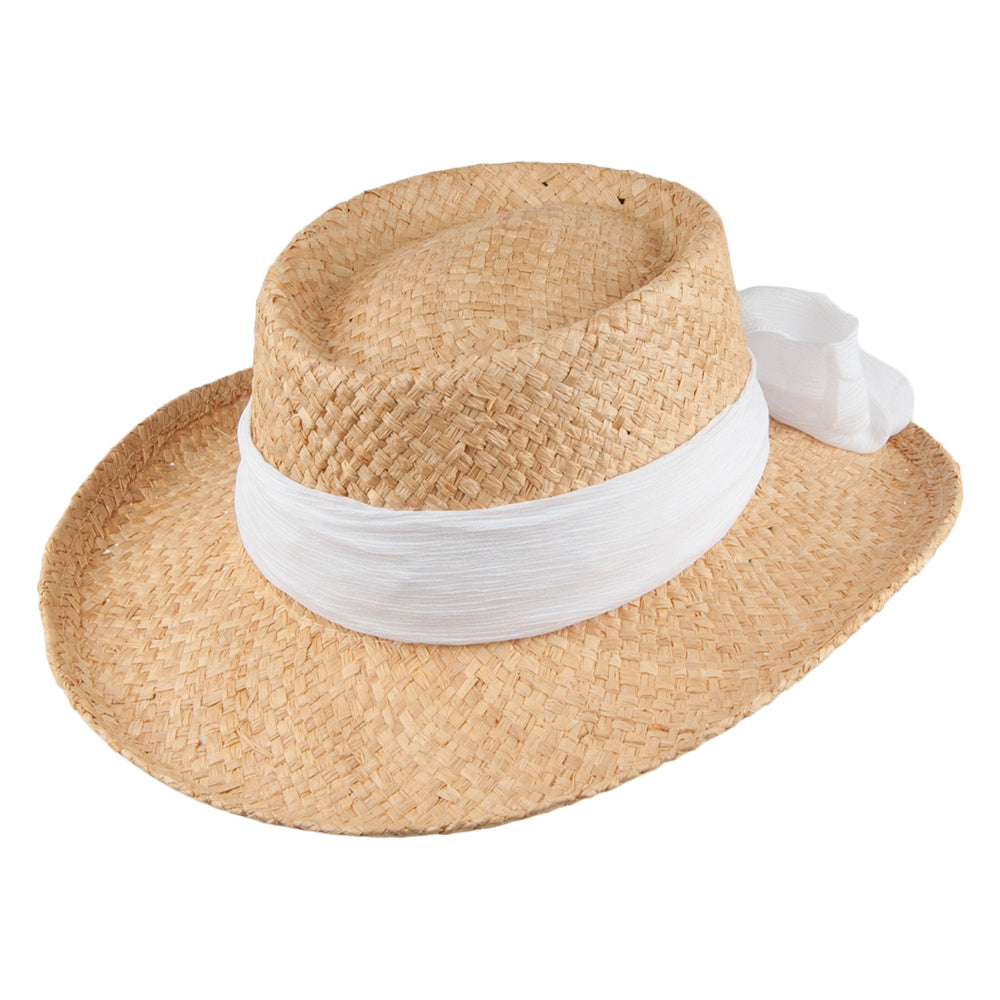 Sombrero Gambler de rafia con lazo de Scala - Natural/Blanco