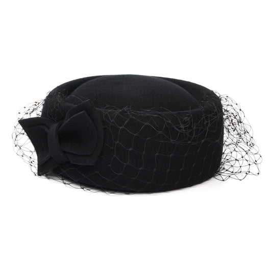 Sombrero Pillbox Carrie de lana con velo de Whiteley - Negro