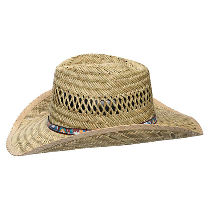 Sombrero Outback de paja de junco con cinta impresa de Dorfman Pacific - Natural Multi