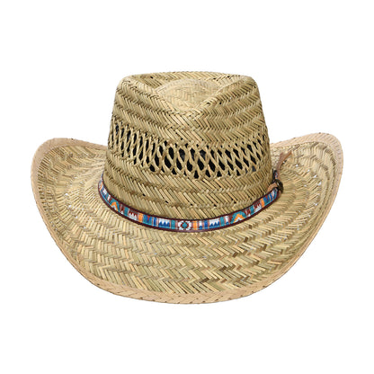 Sombrero Outback de paja de junco con cinta impresa de Dorfman Pacific - Natural Multi