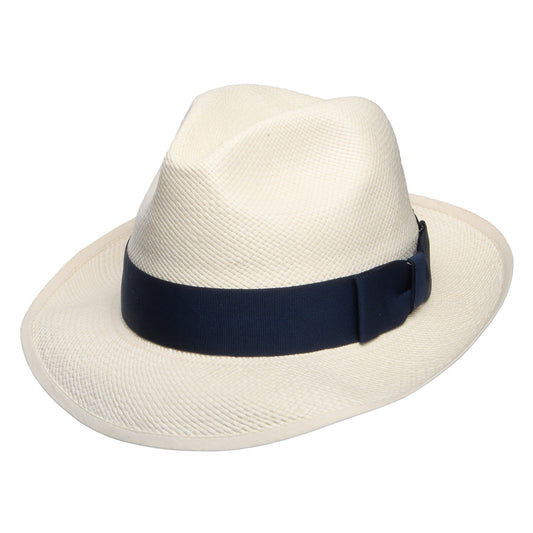 Sombrero fedora Panamá Kensington con cinta decorativa azul marino de Denton - Decolorado