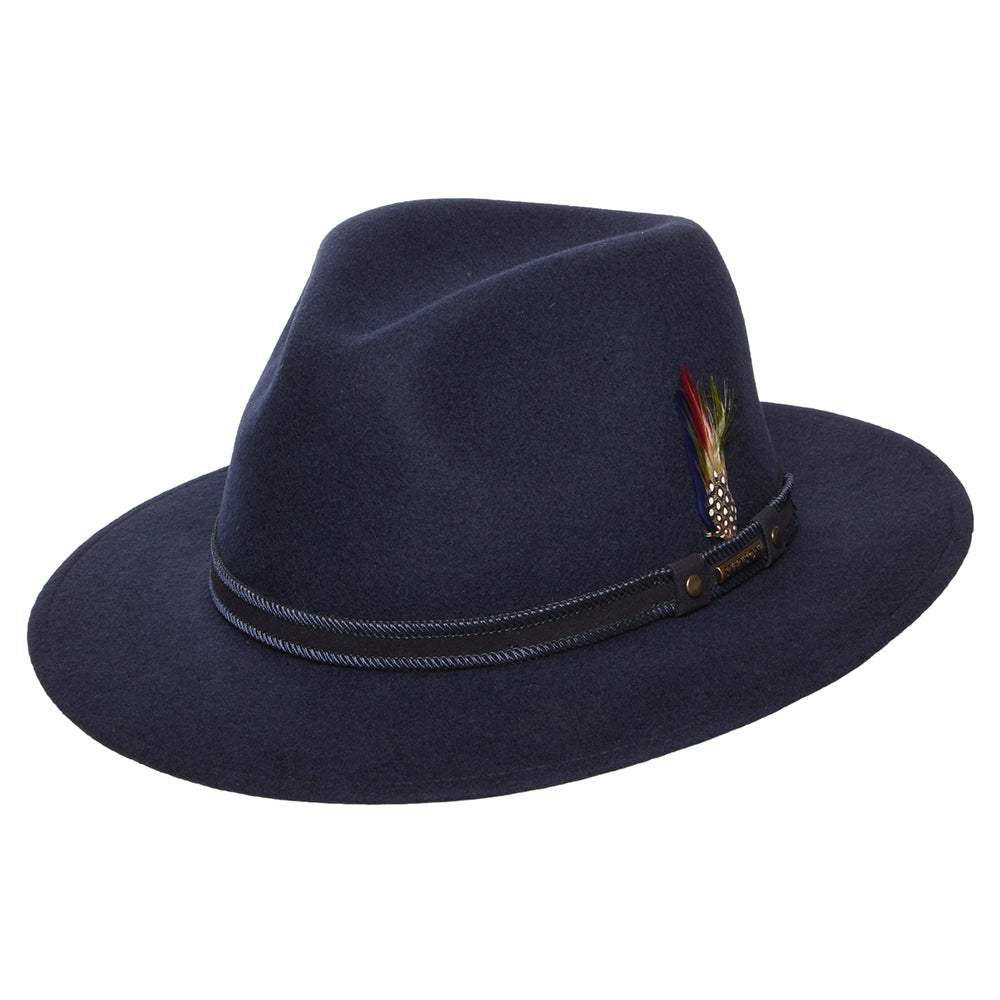 Sombrero Fedora Safari Tenvelco Traveller repelente al agua de fieltro de lana de Stetson - Azul Marino