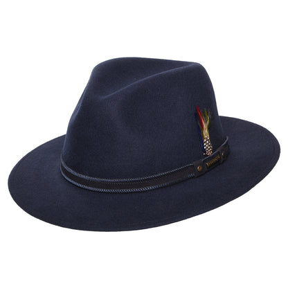 Sombrero Fedora Safari Tenvelco Traveller repelente al agua de fieltro de lana de Stetson - Azul Marino