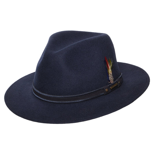 Sombrero Fedora Safari Tenvelco Traveller repelente al agua de fieltro de lana de Stetson - Azul Marino