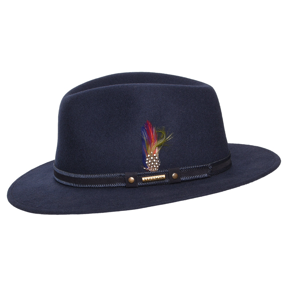 Sombrero Fedora Safari Tenvelco Traveller repelente al agua de fieltro de lana de Stetson - Azul Marino