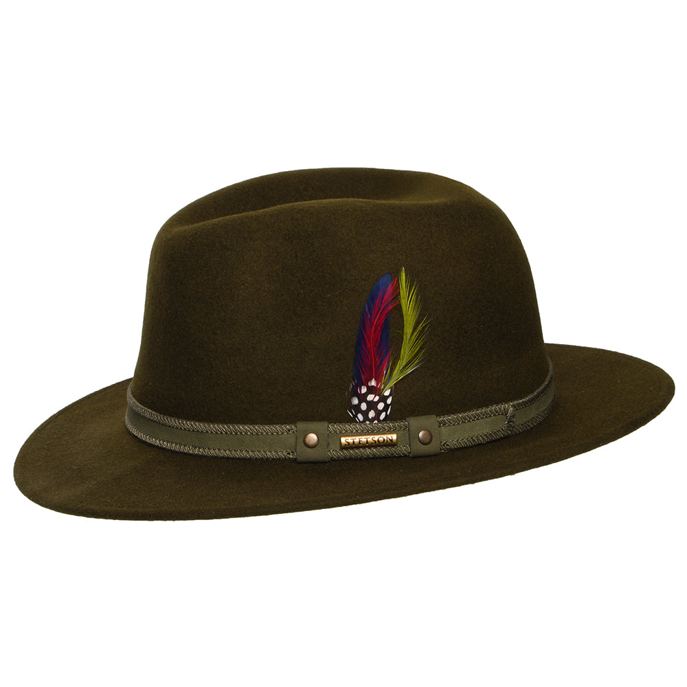 Sombrero Fedora Safari Tenvelco Traveller repelente al agua de fieltro de lana de Stetson - Bosque Oscuro