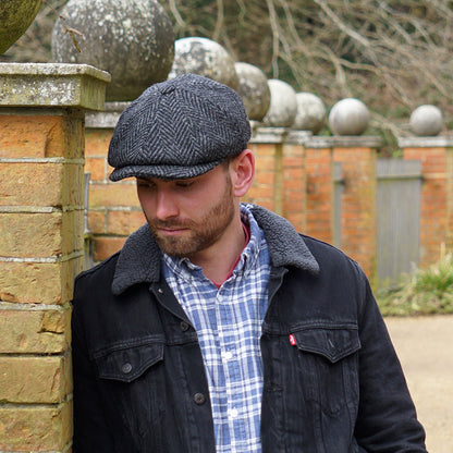 Gorra Newsboy Glencoagh de Tweed Donegal grueso diseño de espiga de Jaxon & James - Negro-Antracita