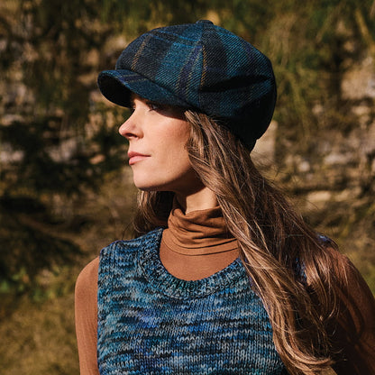 Gorra Newsboy redonda de lana británica Tela escocesa de Failsworth - Azul Turquesa-Multi