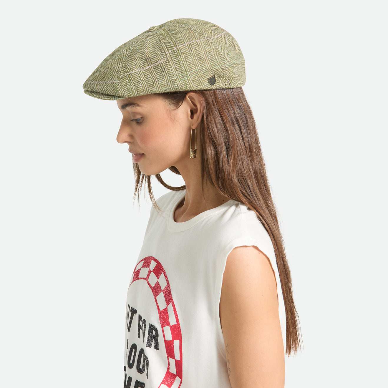 Gorra Newsboy redonda Brood ligera diseño de espiga de Brixton - Verde-Arena-Rosa