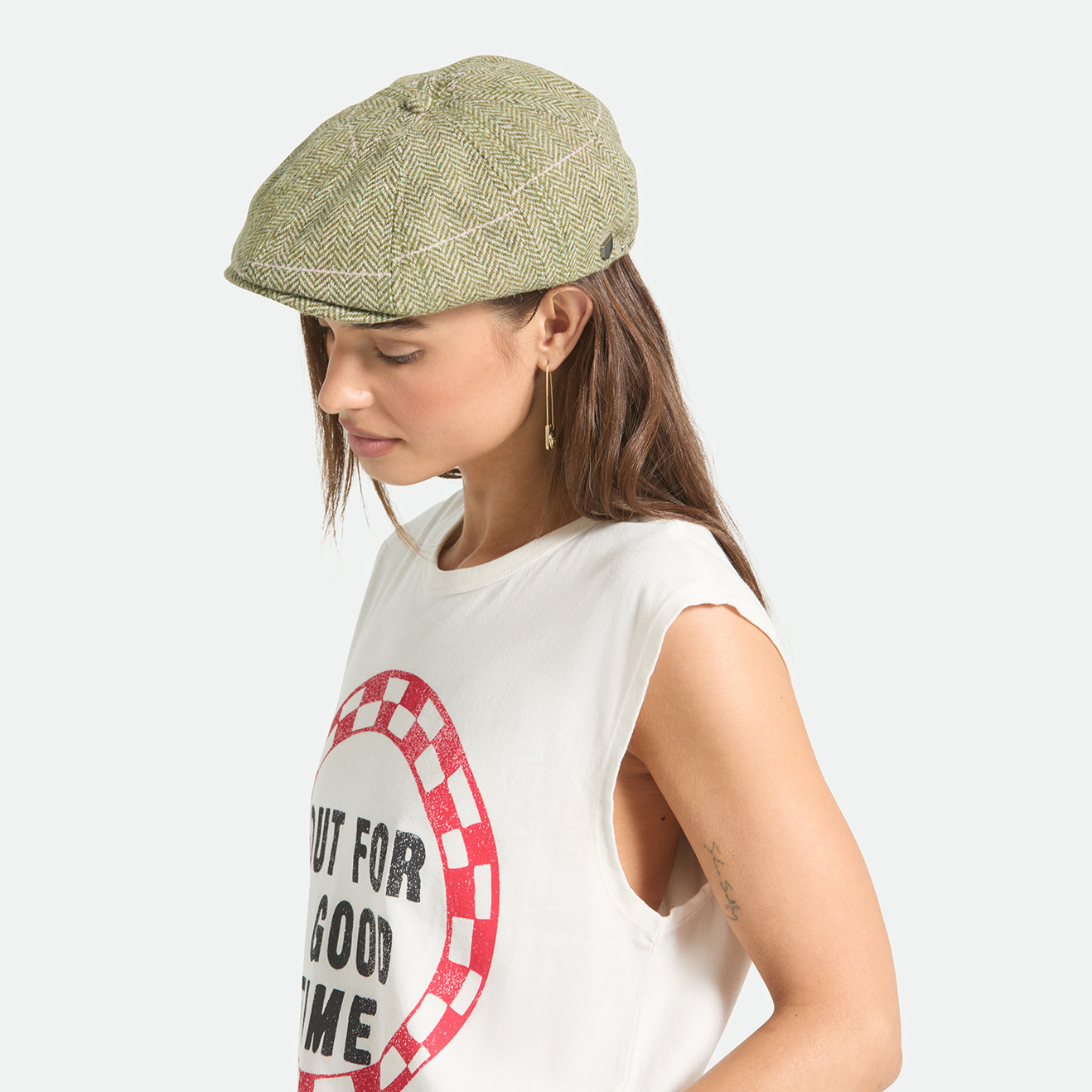 Gorra Newsboy redonda Brood ligera diseño de espiga de Brixton - Verde-Arena-Rosa