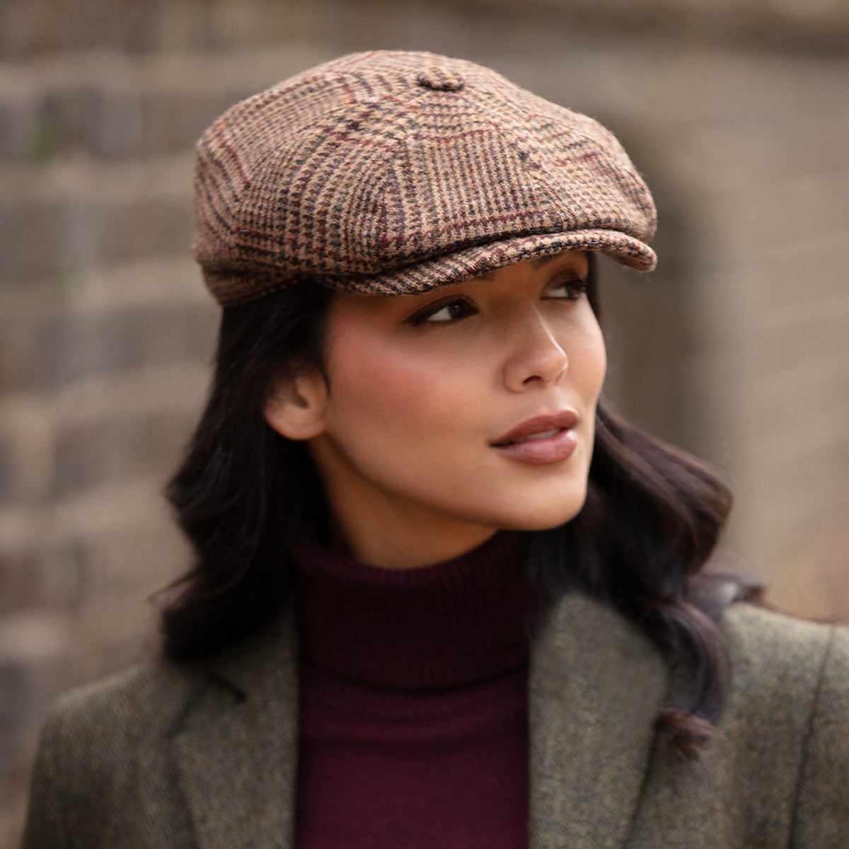 Gorra Newsboy redonda Field Heritage de lana británica Gun Check de Christys - Marrón