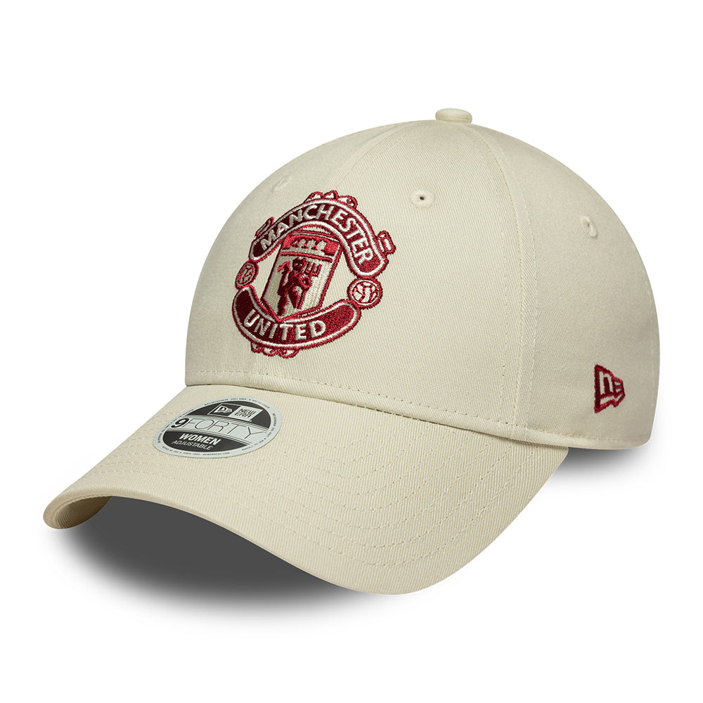 Gorra de béisbol 9FORTY de temporada Manchester United FC para mujeres de New Era - Blanco Marfil-Rojo