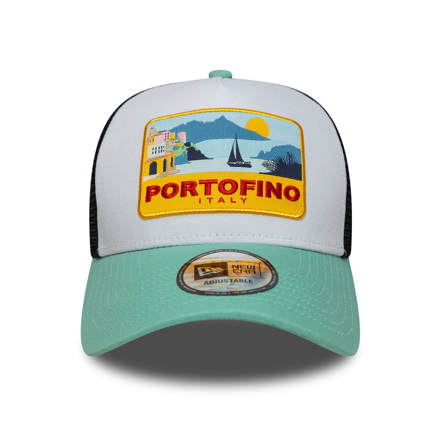 Gorra de camionero A-Frame Location Patch Portofino de New Era - Aguamarina-Negro