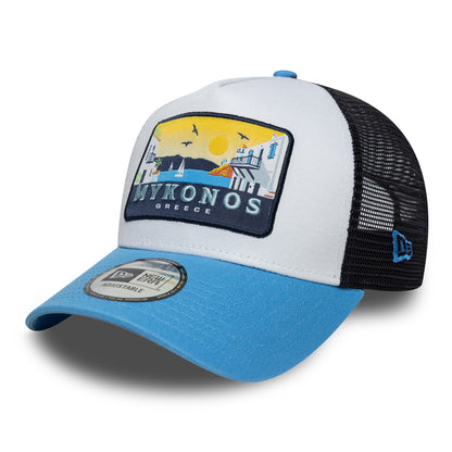 Gorra de camionero A-Frame Location Patch Mykonos de New Era - Azul Cielo-Azul Marino
