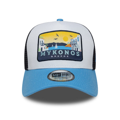Gorra de camionero A-Frame Location Patch Mykonos de New Era - Azul Cielo-Azul Marino