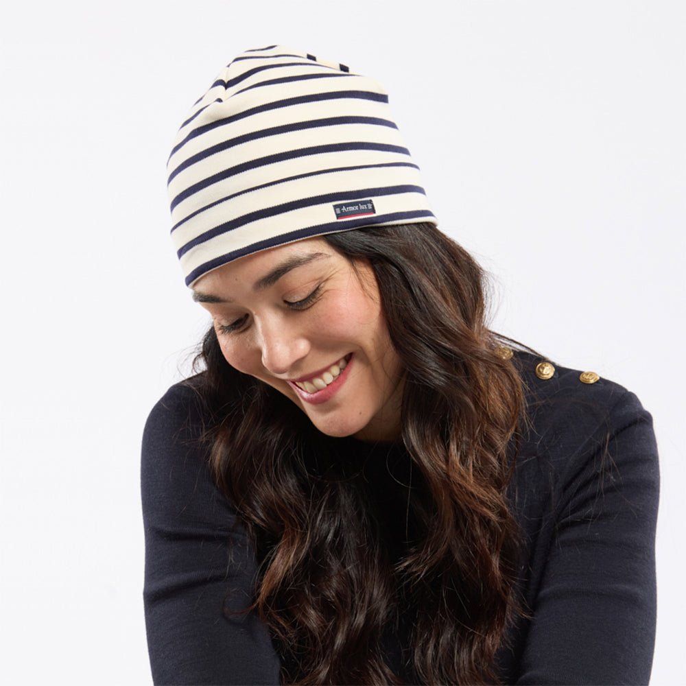 Gorro Beanie Treguier Interlock a rayas de algodón de Armor Lux - Natural-Azul Marino