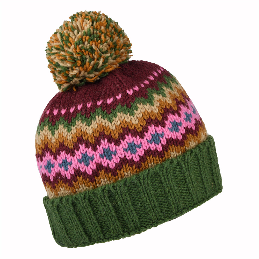 Gorro con pompón con vuelta Fair Isle de Kusan - Verde-Morado-Mostaza
