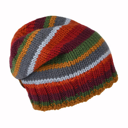 Gorro Beanie con botón y rayas de Kusan - Rojo-Ciruela-Gris