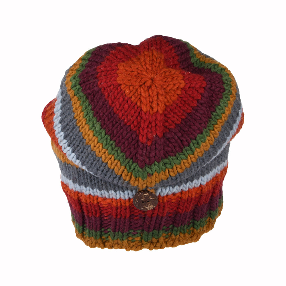 Gorro Beanie con botón y rayas de Kusan - Rojo-Ciruela-Gris