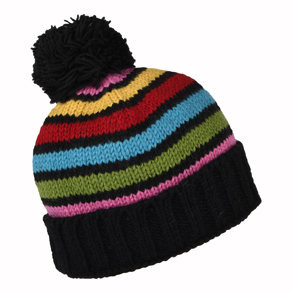 Gorro con pompón con vuelta y rayas de Kusan - Gris-Rosa-Azul