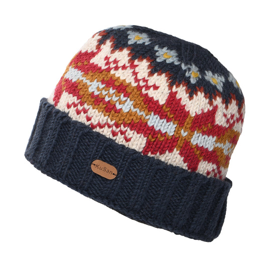 Gorro Beanie flexible copo de nieve con vuelta de Kusan - Azul-Mostaza