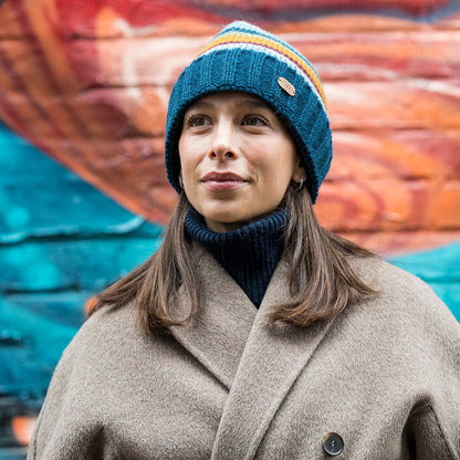 Gorro Beanie con vuelta con franjas de Kusan - Verde Azulado-Multi