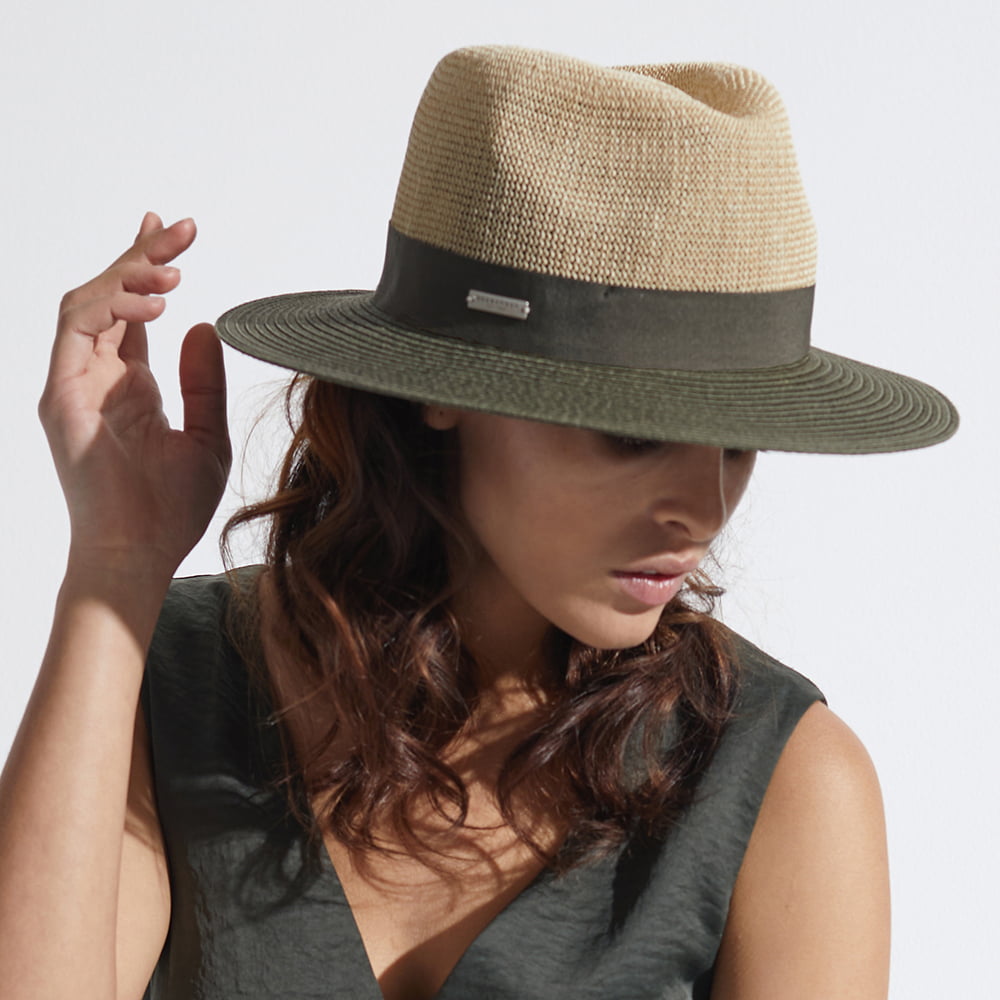 Sombrero Fedora bicolor de paja toyo de Seeberger - Natural-Verde Oliva