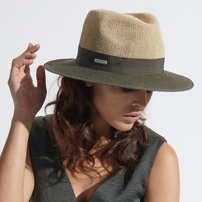 Sombrero Fedora bicolor de paja toyo de Seeberger - Natural-Verde Oliva