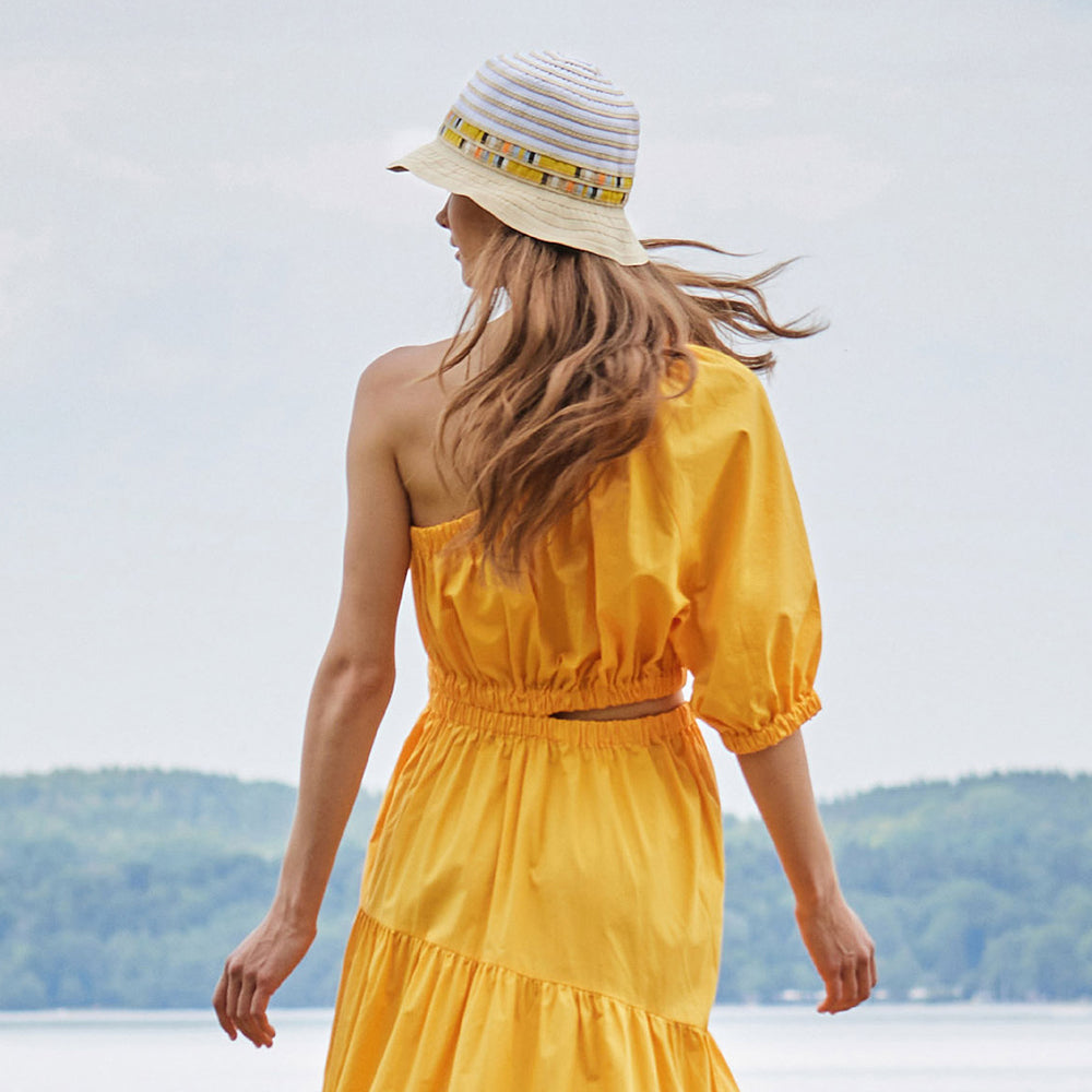 Sombrero Cloche mujeres Plegable con franjas de Seeberger - Blanco-Crema