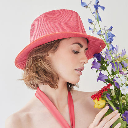 Sombrero Fedora de paja toyo de Seeberger - Rosa-Naranja