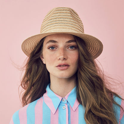 Sombrero Fedora de paja con franjas de Seeberger - Natural-Arena