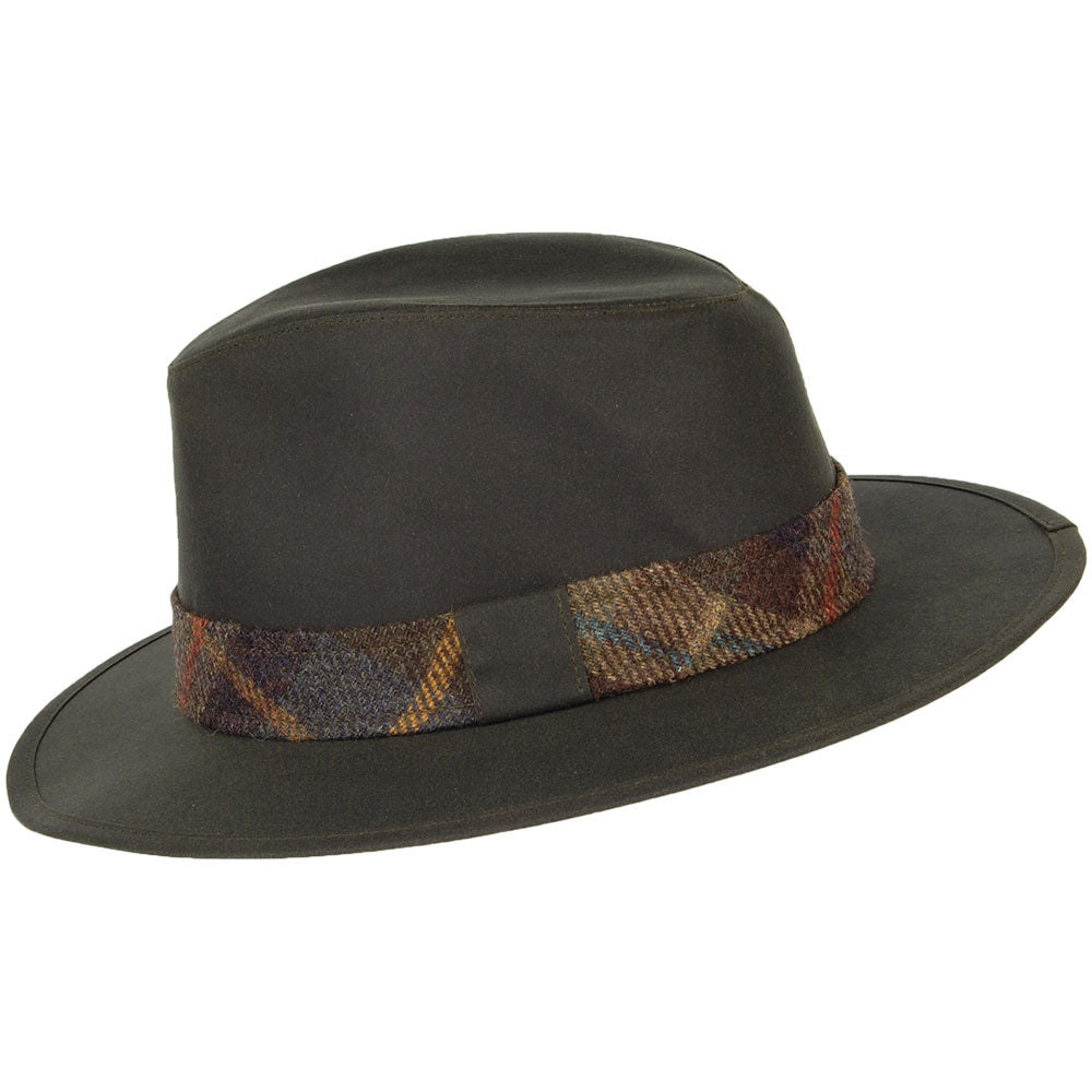 Sombrero Fedora Drifter adorno en tela escocesa de algodón encerado de Failsworth - Verde Oliva