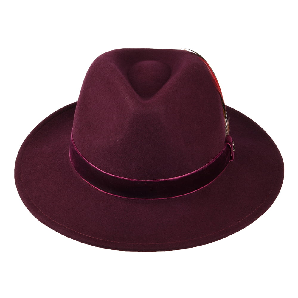 Sombrero Fedora de fieltro de lana con cinta de terciopelo de Joules - Rojo Oscuro