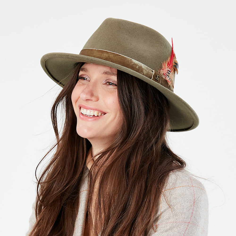 Sombrero Fedora de fieltro de lana con cinta de terciopelo de Joules - Kaki