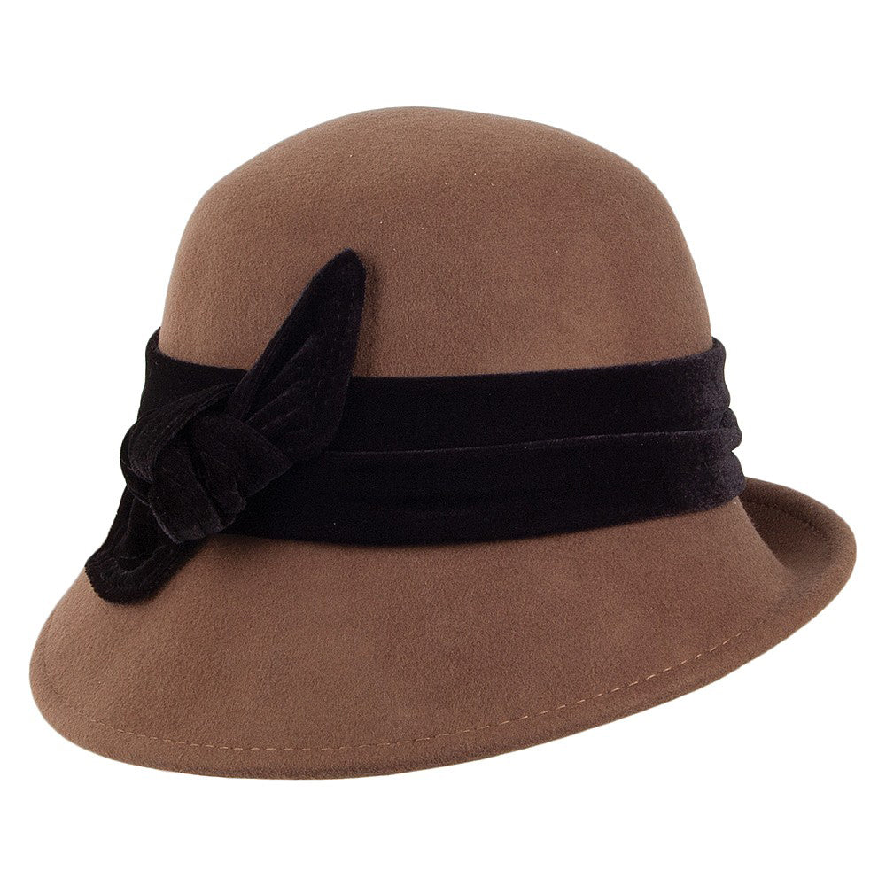 Sombrero Cloche mujeres Madeline de fieltro de lana con cinta de terciopelo de Scala - Nuez Pecana