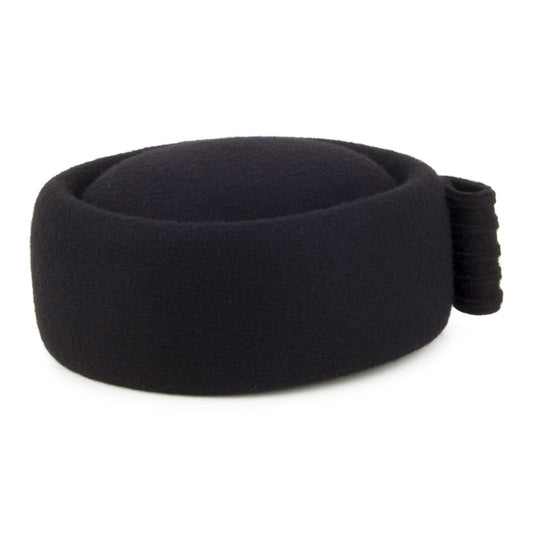 Sombrero Pillbox Jackie O con lazo decorativo de lana de Whiteley - Negro