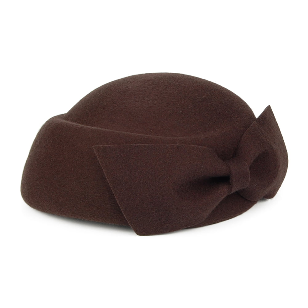 Sombrero Pillbox Avery de lana con lazo de Whiteley - Chocolate